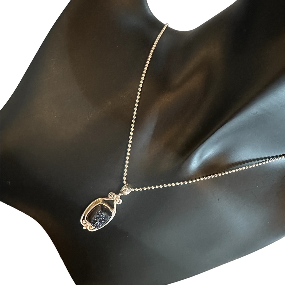 Sajen Blue Purple Druzy Quartz Sterling Silver Pendant With Bead Chain Necklace